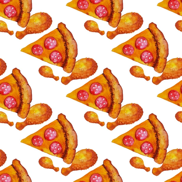 Kawałki Pizzy Smażony Kurczak Bezszwowy Wzór Obrazek Stockowy