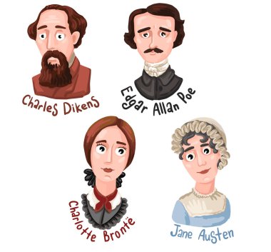 Büyük yazarlar erkek ve kadınlardır. Charles Dickinson. Edgard Alan Poe. Charlotte Bronte. Jay Austin.