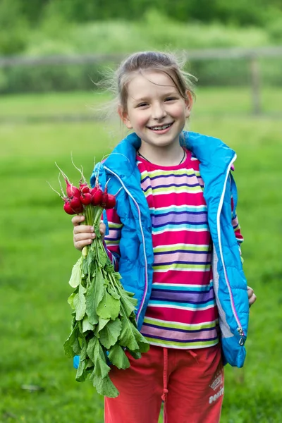 Niña feliz sosteniendo un montón de rábanos — Foto de Stock