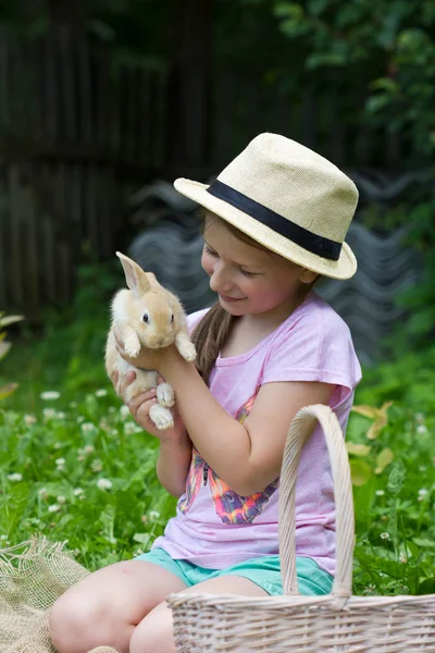 Beautiful Girl Holds Hands Small Rabbit Teen Girl Rabbit Green — Stock Photo, Image