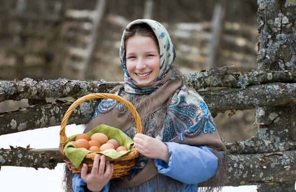 Young Girl Russian Scarf Basket Chicken Eggs Concept Russian Village — Stock Photo, Image
