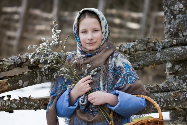 Young Orthodox Girl Russian Headscarf Holds Willow Branches Her Hands — Stock Photo, Image