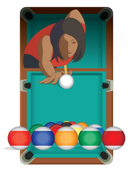 Joueur de billard, femelle, tirant sur la boule de billard avec table de billard en arrière-plan — Image vectorielle