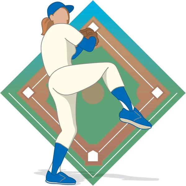 Baseball Pitcher weiblich mit Baseball Diamant Hintergrund — Stockvektor