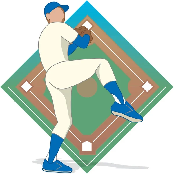 Baseball Pitcher männlich mit Baseball Diamant Hintergrund — Stockvektor