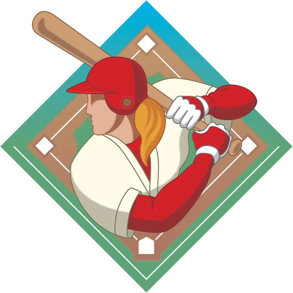 Baseballschläger weiblich mit Baseball-Diamant-Hintergrund — Stockvektor