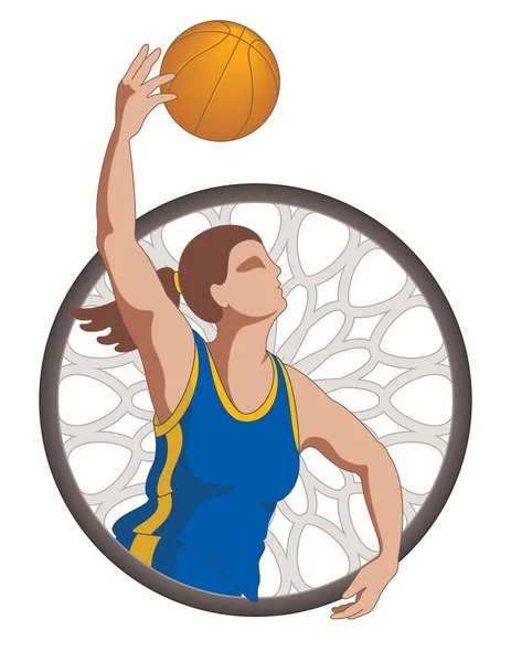 Basketbal speler vrouwelijke gooien basketbal met hoepel op achtergrond — Stockvector
