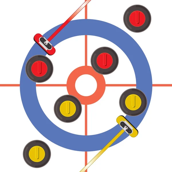 Curling skały i curling miotła na lodzie z miejsce docelowe z perspektywy lotu ptaka — Wektor stockowy