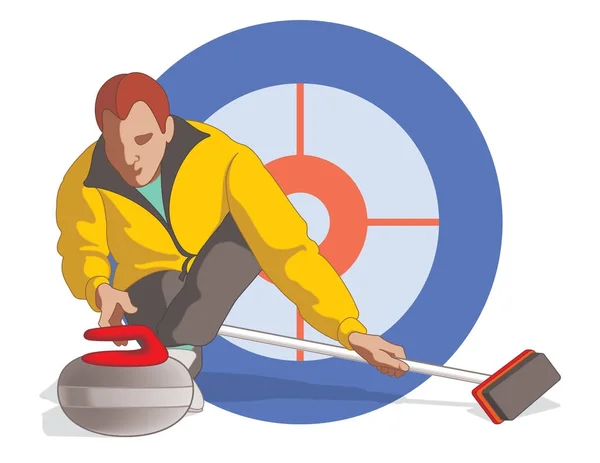 Jugador de curling macho tirando roca y la celebración de escoba — Archivo Imágenes Vectoriales