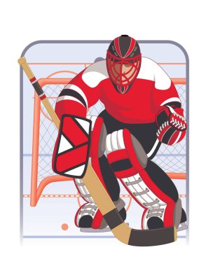 Kırmızı üniformalı hokeyi kaleci