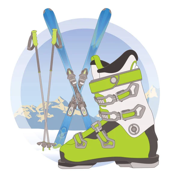 Ski boot, ski poles and pair of skis on snow with mountains in the background — Stock Vector