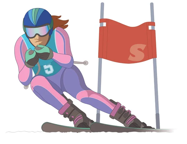 Skiër vrouwelijk, racen bergaf met ski vlag op de achtergrond — Stockvector