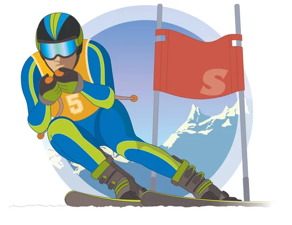 Esquiador macho, carreras cuesta abajo con bandera de esquí y montañas en el fondo — Vector de stock