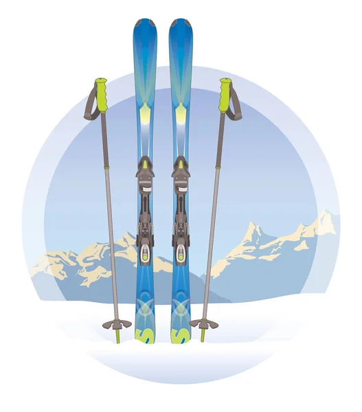 Pair of skis and ski poles on snow with mountains in the background — Stock Vector