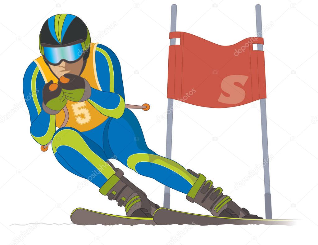 skier male, racing downhill with ski flag in the background
