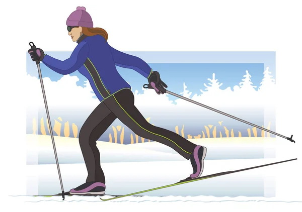 Cross-country skier, female gliding on snow with trees in background — Stock Vector