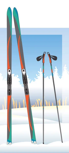 Cross-country skis and ski poles with snow-covered trees in bsckground — Stock Vector