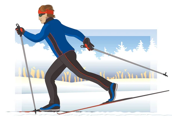 Лыжник, мужчина скользит по снегу с деревьями на заднем плане — стоковый вектор