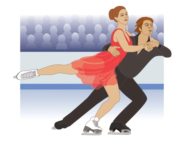 Patinaje artístico, patinadores femeninos y masculinos, en pose en una pista de hielo con multitud en el fondo — Vector de stock