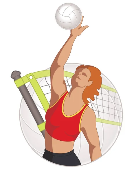 Jogador de vôlei feminino batendo bola com vôlei e rede no fundo —  Vetores de Stock
