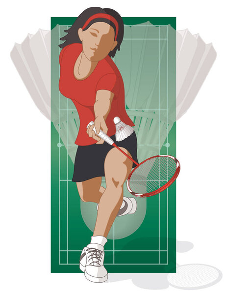 badminton player, female, hitting shuttle including shuttlecock in the background with the court
