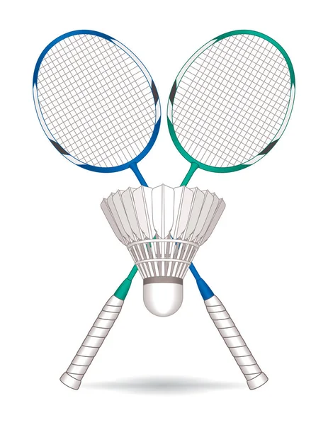 Raquettes badminton bleu et vert, croisées avec volant à plumes au milieu — Image vectorielle