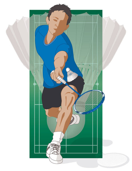 badminton player, male, hitting shuttle including shuttlecock in the background with the court
