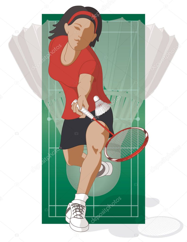 badminton player, female, hitting shuttle including shuttlecock in the background with the court