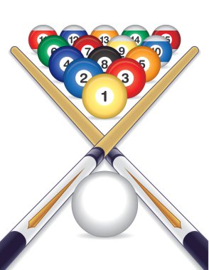 Bilardo topları ve isteka topu işaret sopa ile beyaz arka plan üzerinde çarpı işareti