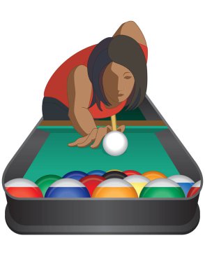 Bilardo oyuncu, kadın, cue Ball üçgen formasyonu önünde bilardo topları ile nişan alarak