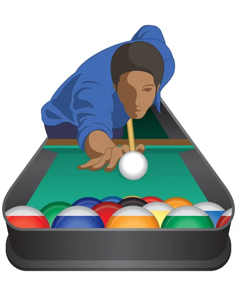 Joueur de billard, mâle, tirant sur la boule de billard avec des boules de billard en formation triangulaire devant — Image vectorielle