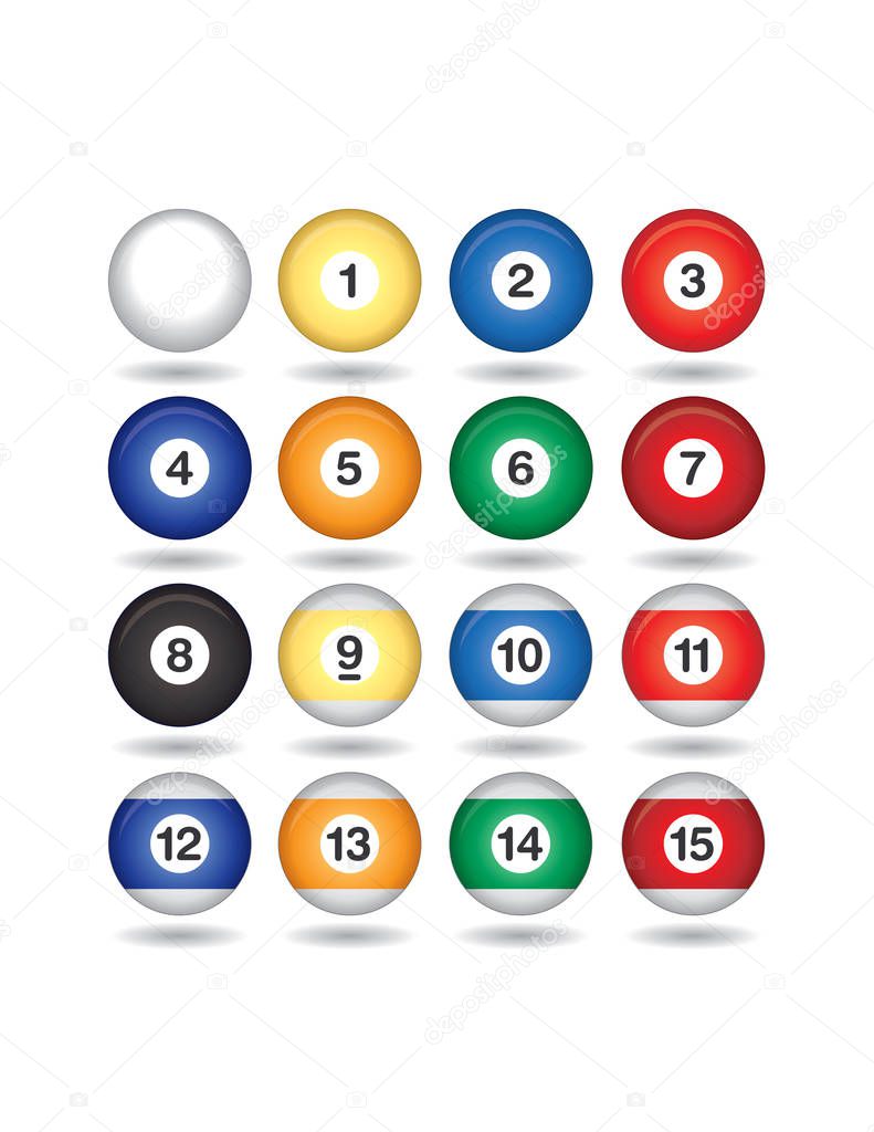 billiard balls in a set on a white background