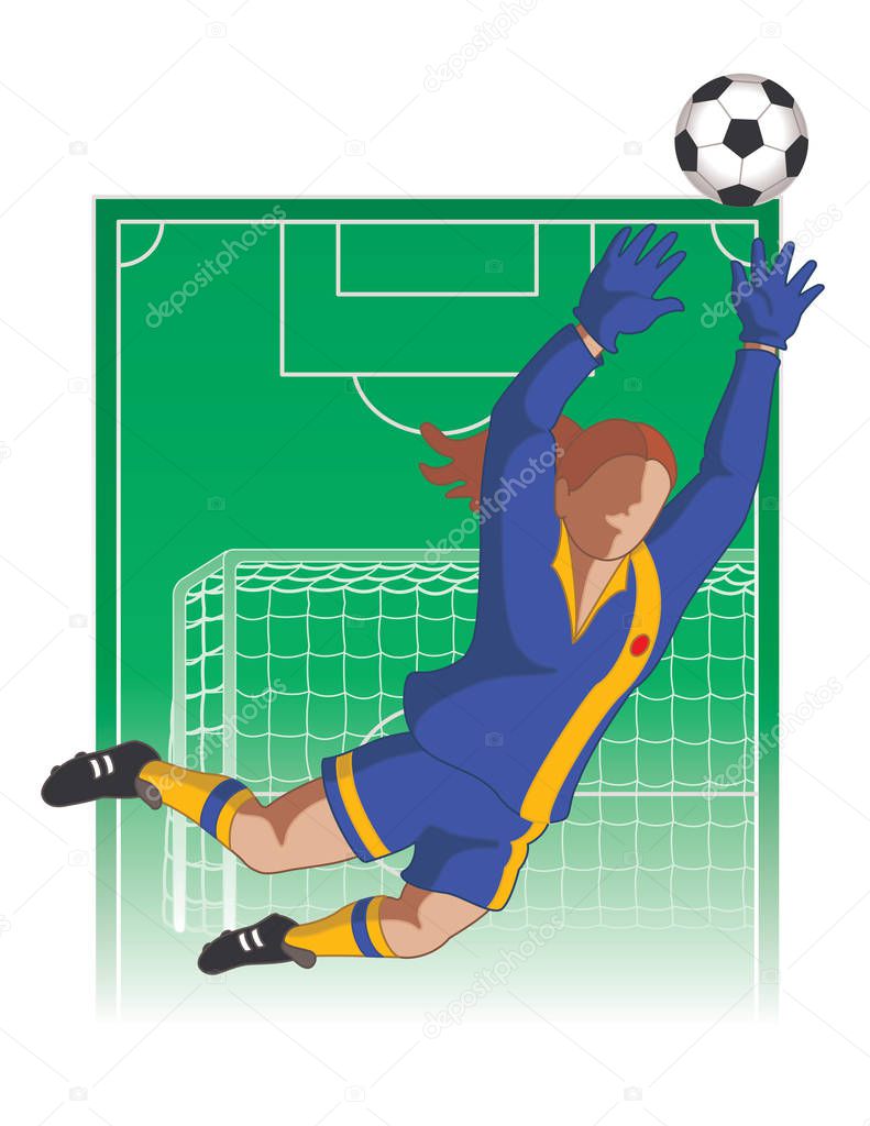 football / soccer goal keeper female stopping all in front of net with field in background