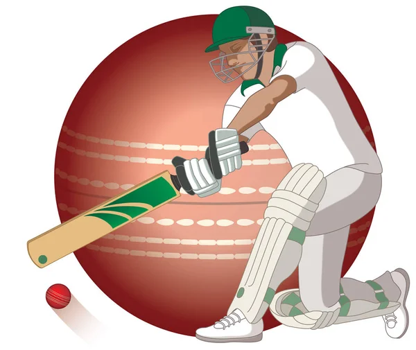 cricket batsman swinging cricket bat with large cricket ball in background