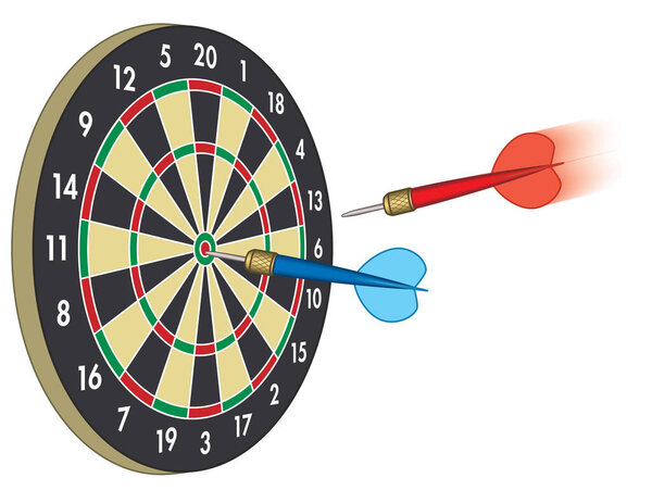 дротик в движении на борту с другой дротик в яблочко на белом фоне
