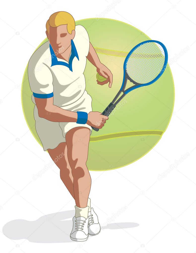 tennis player male, holding a tennis ball and tennis racket with tennis ball in the background