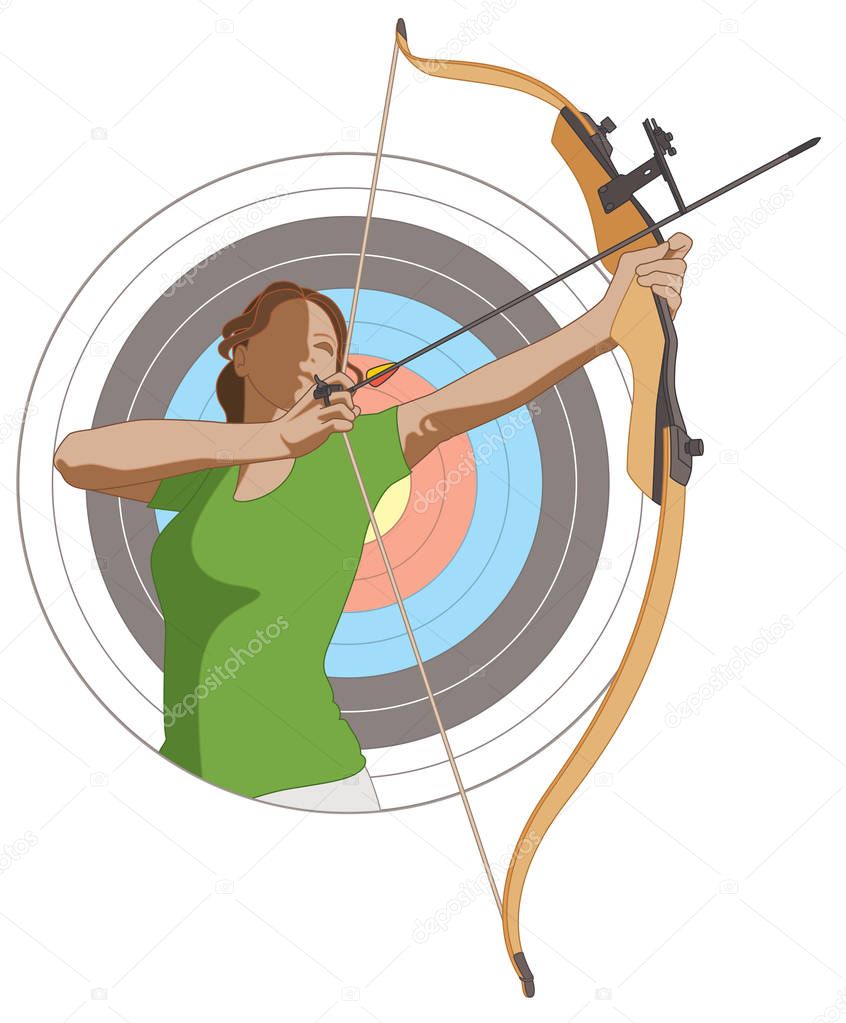 archery female archer with bow and arrow with target in background