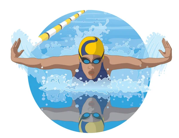 Nadadora femenina en un golpe de mariposa compitiendo en piscina con reflejo — Vector de stock