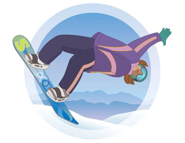 Snowboarder femmina con neve e montagne sullo sfondo — Vettoriale Stock