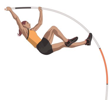 female pole vaulter, vaulting in mid air isolated on white background clipart