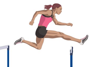 Beyaz bir arka planda, engelin üzerinden atlayan kadın engelli.