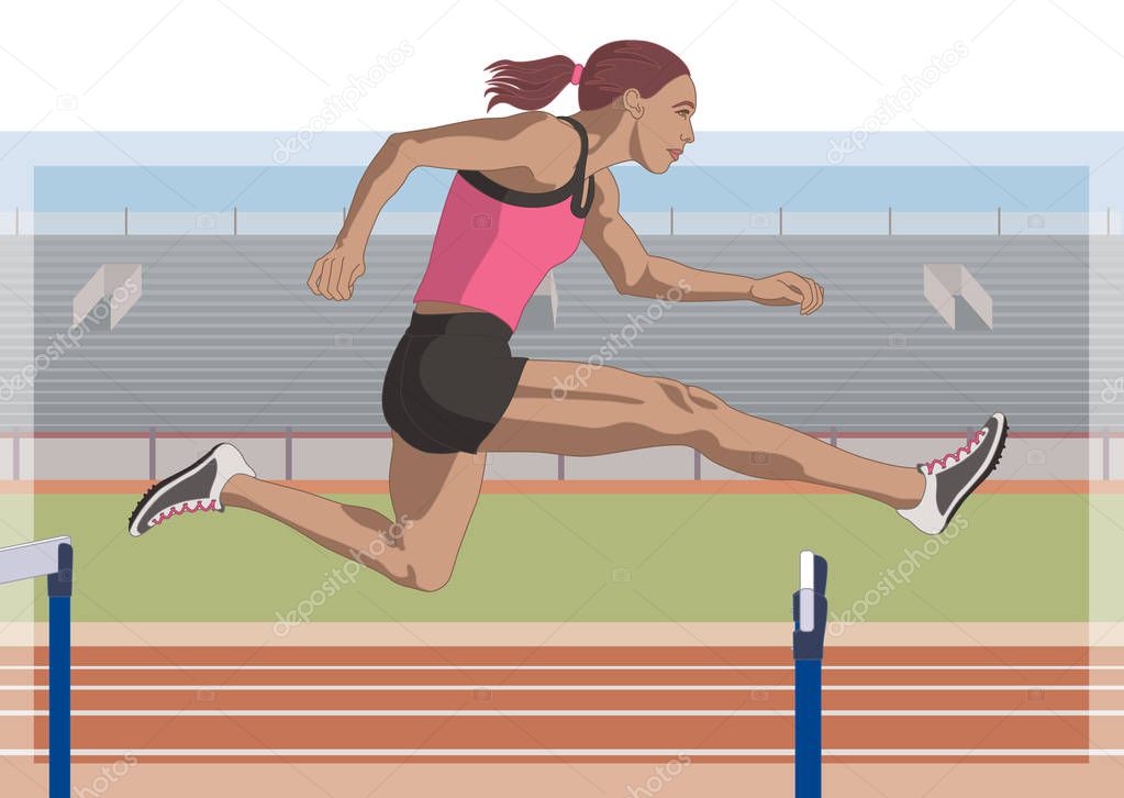 female hurdler jumping over hurdle with stadium in the background