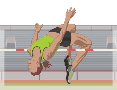 Arka planda stadyum olan yüksek atlamacı kadın bardan çıkıyor.