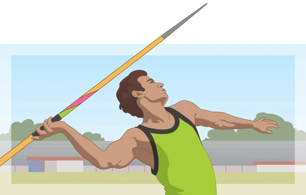 Masculino Javelin Atleta Jogando Lança Com Pista Fundo Campo — Vetor de Stock