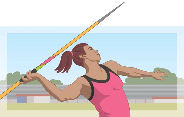 Vrouwelijke Speer Atleet Gooien Speer Met Track Veld Achtergrond — Stockvector