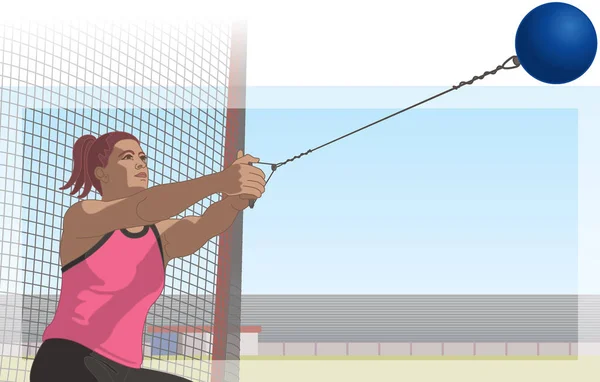 Female Hammer Throw Athlete Net Track Field Background — Stock vektor