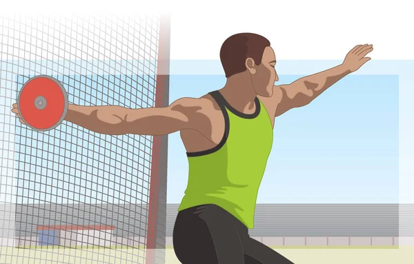 Male Discus Throw Athlete Net Track Field Background — 图库矢量图片