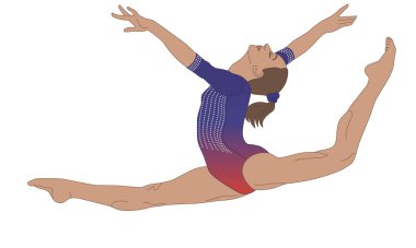 Beyaz bir arka planda izole bir şekilde sanatsal ayrışmalar yapan jimnastikçi kadın.