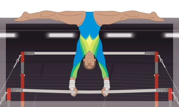 Gymnastka Žena Obrácená Nerovném Pruhu Proti Tmavému Pozadí Reflektory — Stockový vektor