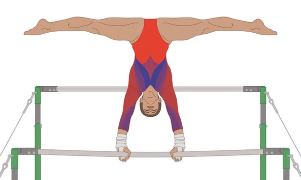 体操女运动员倒立在与白色背景隔离的高低杠上 — 图库矢量图片